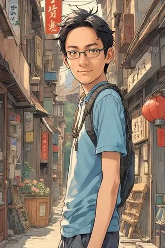 2d,studio ghibli,hong,sakana,main character,guilinggao,kid hero,anime japanese clothing,shirakami-sanchi,yukio,anime boy,anime cartoon,chinatown,tan chen chen,taipei,portrait background,world digital painting,chinese background,city ​​portrait,narrow street,Digital Art,Comic