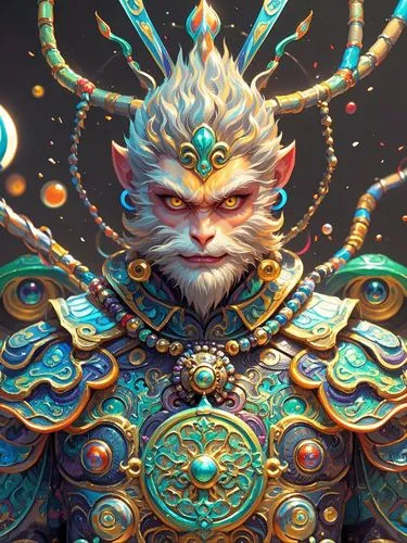 a mythical creature with large gold head and eyes,rakshasa,chua,garuda,heimerdinger,qinglong,ravana,qilin,heruka,raijin,wukong,wild emperor,gahungu,sea god,mahakala,enma,yaogan,yuhuan,jebtsundamba,emp