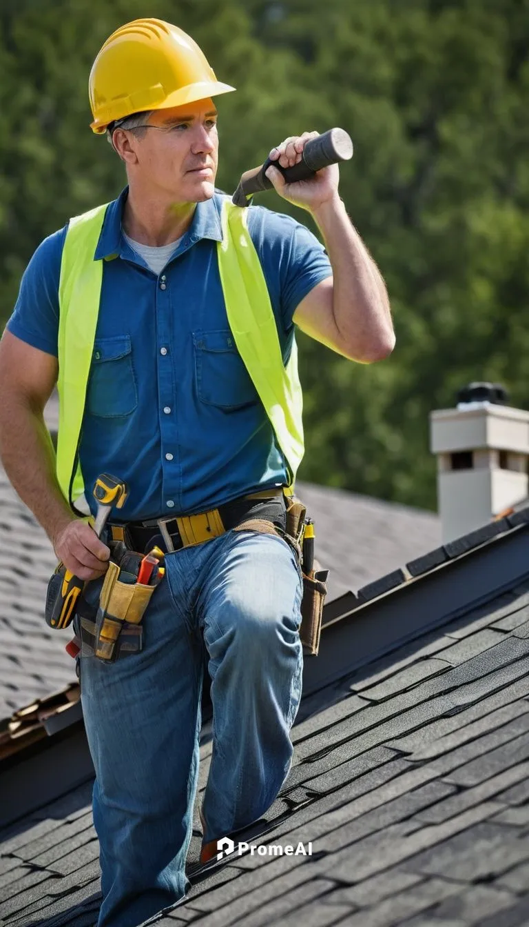 Roofing expert, male, 30s, strong arms, tool belt, yellow hard hat, reflective vest, holding hammer, nailing shingles, architectural shingles, roof peak, steep slope, residential building, suburban ar