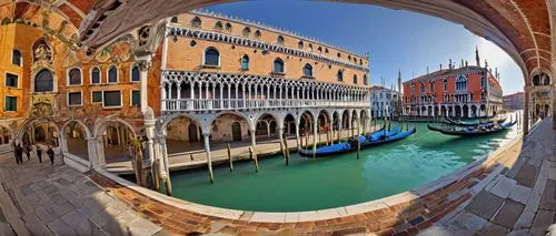 Venice, Italy, historic architecture, grand canal, ornate bridge, Baroque style, intricate stone carvings, Gothic arches, Byzantine mosaics, Saint Mark's Basilica, Doge's Palace, Piazza San Marco, nar