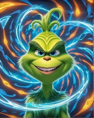 grinch , plasma body swirling patterns of electric hues. Face appears happy, fierce and smile, with intense, glowing blue eyes and sharp, elongated features. Mural,energex,grinch,leaupepe,dorante,waso