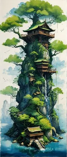 bonsai,bonsai tree,watercolor tea shop,ginkaku-ji,floating islands,floating island,the japanese tree,asian architecture,ori-pei,tsukemono,mushroom island,tree house,japanese architecture,japan landscape,japanese art,watercolor tree,bird kingdom,flying island,golden pavilion,chinese architecture,Illustration,Japanese style,Japanese Style 10