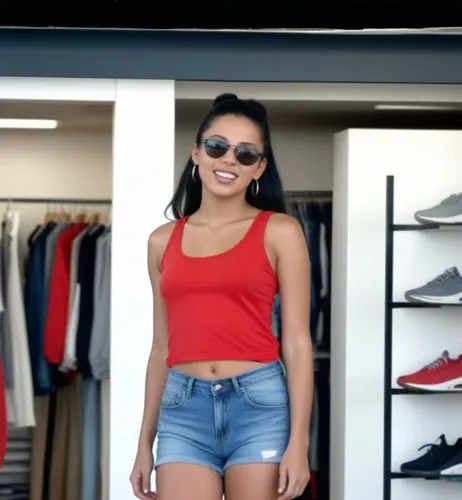 A surprise full body paparazzi photo.  The Moroccan girl with black hair gathered in a high ponytail is in a clothing store with shelves and hangers of brand name clothes in the background.  She wears