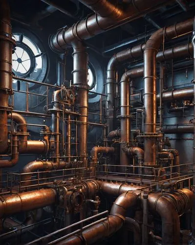 Industrial pipeline, futuristic design, metallic materials, intricate structure, 3D modeling, mechanical parts, tubes, valves, pumps, gauges, meters, screens, buttons, levers, warning lights, LED indi