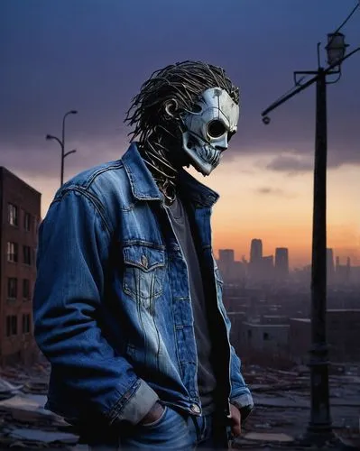 male mask killer,john doe,ffp2 mask,cd cover,blue demon,renegade,pollution mask,with the mask,post apocalyptic,masked man,apocalyptic,wasteland,without the mask,the pollution,high-wire artist,blue-collar,sting,skull mask,trash land,denim background,Art,Artistic Painting,Artistic Painting 02