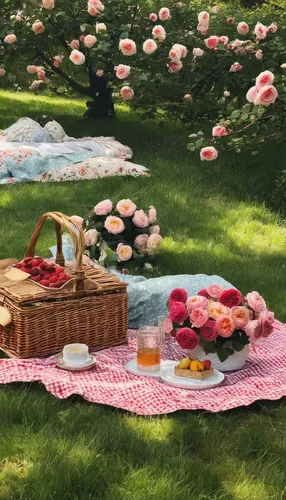 Incorporate an English shrub rose into a lively countryside picnic.,picnic basket,picnic,garden breakfast,vintage flowers,garden party,family picnic,gingham flowers,picnic table,tea party,flower cart,