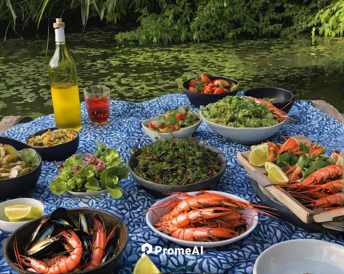 Imagine a peaceful riverside picnic where friends gather to savor succulent river prawns.,seafood boil,new england clam bake,crayfish party,seafood platter,river prawns,summer bbq,crab boil,persian ne