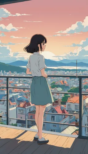 rooftop,studio ghibli,rooftops,on the roof,overlook,summer evening,summer sky,summer day,roof top,above the city,kyoto,window sill,balcony,roof landscape,view from the roof,honolulu,scenery,the horizon,roofs,sky apartment,Illustration,Japanese style,Japanese Style 06