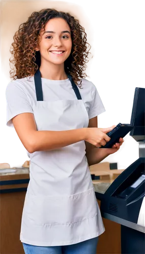 Female cashier, store interior, standing behind counter, gentle smile, bright brown eyes, curly brown hair, subtle makeup, white shirt, black apron, jeans, sneakers, holding scanner, friendly gesture,