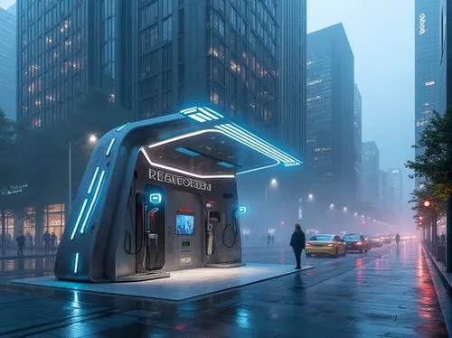 electric gas station,electrohome,futuristic art museum,futuristic architecture,cybercity,cybertown,futuristic,tron,parking machine,pay phone,futuristic landscape,bus stop,payphones,city corner,bus shelters,retro diner,phone booth,ev charging station,sky space concept,kiosks,Photography,General,Realistic