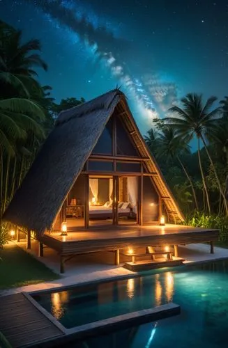 an A frame hut, with thatched roofing, bamboo floors, with coconut tree surroundings, an infinity pool, night time, starry skies, fireflies ,maldives,cabana,maldives mvr,bora bora,pool house,maldive,f