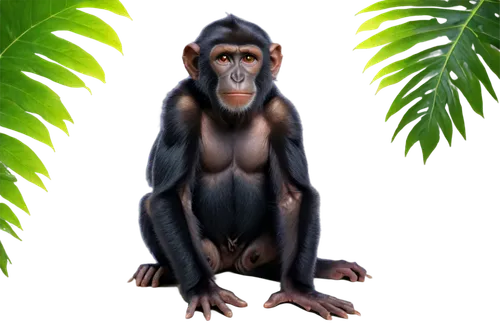 black monkey, primate, solo, adult, fur fluffy, shiny eyes, nose upturned, ears perked, sitting, relaxed posture, front legs bent, hands grasping, tropical leaves background, warm lighting, soft focus