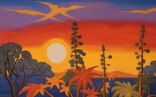 sunset in africa,indigenous painting,orange tree,tangerine tree,khokhloma painting,orangefield,senja,autumn landscape,orange sky,sun,unset,papayas,desert landscape,oil on canvas,ocotillo,volcanic land