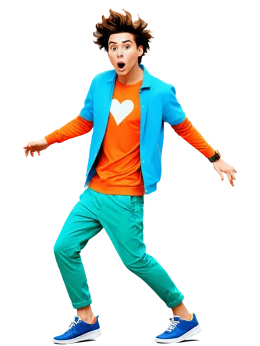 Funny GIFs, copyright-free, colorful background, playful character, exaggerated facial expression, dynamic pose, casual clothing, sneakers, accessories, comic book style, vibrant colors, high contrast