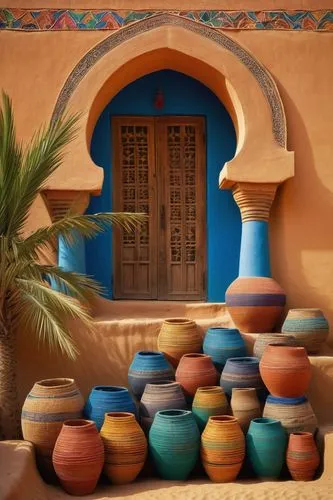 Senegalese, African, traditional, colorful, intricate patterns, mud-brick, adobe, wooden doors, ornate carvings, arched windows, minarets, vibrant textiles, woven baskets, local pottery, sandy dunes, 