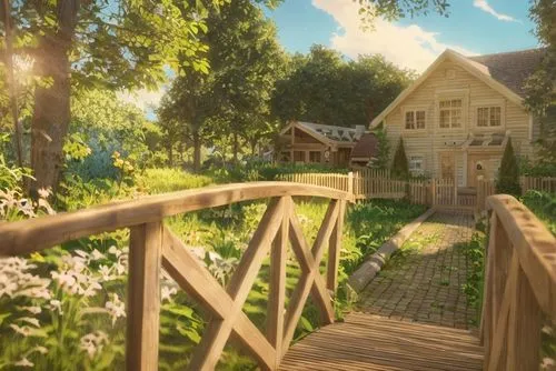 summer cottage,wooden bridge,country cottage,house in the forest,idyllic,little house,wooden path,cottage,wooden house,cottage garden,small house,home landscape,aurora village,small cabin,beautiful ho