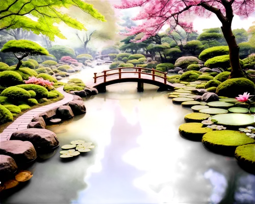 japanese garden,japan garden,lily pond,cartoon video game background,garden pond,landscape background,lotus pond,japanese garden ornament,japanese sakura background,zen garden,fishpond,sake gardens,japan landscape,nature background,sakura background,pond,world digital painting,pond flower,3d background,japanese zen garden,Illustration,Abstract Fantasy,Abstract Fantasy 22