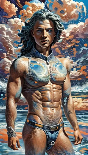 sea god,god of the sea,barbarian,poseidon,sea man,man at the sea,merman,poseidon god face,muscle man,wind warrior,muscular,bordafjordur,el mar,el golfo,aquaman,triton,edge muscle,zeus,beach background,body building