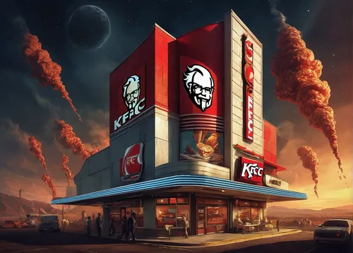 fast food restaurant,fast-food,burger king premium burgers,fastfood,jack in the box,bk chicken nuggets,fast food,post-apocalypse,chicken 65,post apocalyptic,fast food junky,tacamahac,apocalypse,retro diner,mcdonald's,kebab,store icon,concept art,mecca,post-apocalyptic landscape,Illustration,Paper based,Paper Based 18