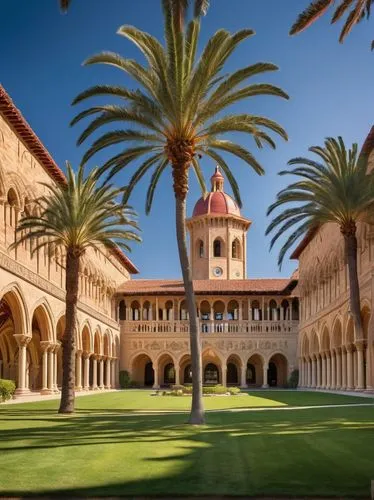 Stanford architecture style, university campus, building facade, Romanesque Revival, sandstone walls, archways, columns, red-tiled roofs, sprawling green lawns, tall palm trees, sunny California day, 