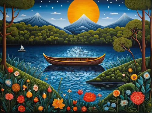 boat landscape,indigenous painting,khokhloma painting,pachamama,fishing float,river landscape,mountain lake,picnic boat,oil painting on canvas,canoe,water boat,phoenix boat,row boat,motif,oil on canvas,evening lake,canoes,lake santa fe,mountainlake,swan boat,Illustration,Abstract Fantasy,Abstract Fantasy 12