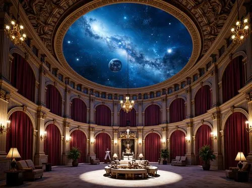 Richly ornamented planetarium, celestial bodies, stars and galaxies, Baroque-style architectural details, intricate stone carvings, gilded accents, luxurious velvet drapes, ornate chandeliers, dark bl