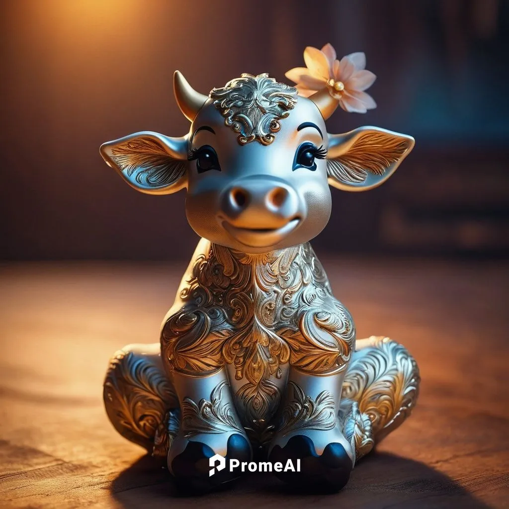 a cow toy,Resin material, realistic texture, multiple images, 4 different angles in one image,,wooden sheep,tribal bull,alpine cow,taurus,goatflower,the zodiac sign taurus,animal figure,horns cow,rumi