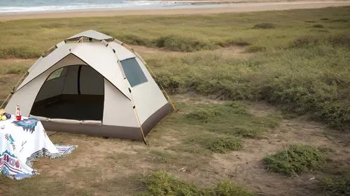 sea side, beach 
a group of camping huddle together in , camping in a lush field.. The campsite is decorated with vintage decor, adding to the rustic charm.,a man sitting in front of his tent,beach te