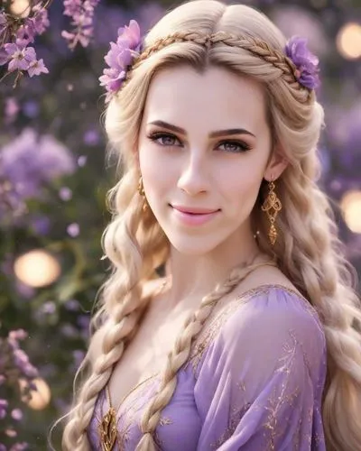 long blonde hair with braids, Rapunzel, Disney princess, flower headpiece, light purple dress,a blonde woman with a purple dress and some ids,rapunzel,margairaz,violet head elf,ellinor,emilia,galadrie