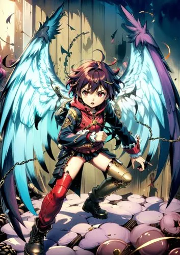 an anime character holding a sword standing on top of a pile of discs,nue,maplestory,serpieri,tengu,magica,renko,zampieri,ryoma,mukuro,flying girl,peko,ayakashi,royo,winged heart,branwen,angelil,falle