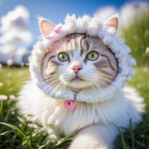 Kawaii cat, wearing sheep costume, fluffy white onesie with pink bows, cute whiskers, pink nose, big cartoonish eyes, sitting, innocent expression, green grass, sunny day, few dandelions, blue sky wit