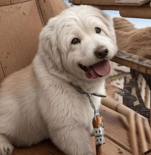 a white dog laying on a wooden bench,pyr,venkman,atka,samoyedic,golden retriever puppy,white dog,shoob,samoyed,cheerful dog,samoyeds,golden retriever,blonde dog,golden retriver,retriever,cute puppy,la