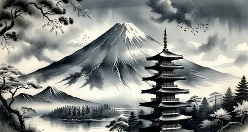 Mount Fuji and Pagoda,a painting of trees, water and mountains,japanese art,mountain scene,oriental painting,kamiizumi,kumano kodo,japanese background,Illustration,Paper based,Paper Based 30