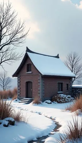 winter house,korean village snow,render,3d rendering,winter landscape,reeds wintry