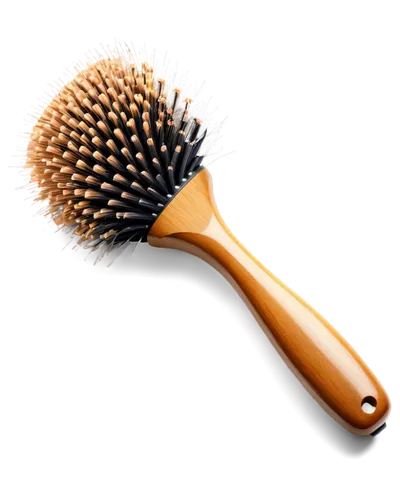 Hairbrush, detailed bristles, wooden handle, curved shape, shiny surface, golden metal ferrule, ergonomic design, morning light, soft focus, 3/4 composition, warm color tone.,hair brush,hairbrush,bris