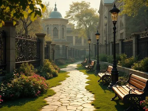 Intricate ironwork fences, flowing organic lines, ornate decorative gates, lush green grass, vibrant flower beds, sinuous winding paths, elegant lamp posts, natural stone benches, Art Nouveau-inspired