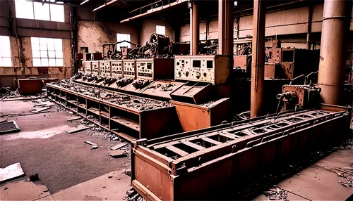 Abandoned factory interior, dimly lit, broken machinery, rusty pipes, old control panels, cracked concrete floor, peeling paint walls, dusty air, worn wooden crates, broken windows, metal catwalks, in