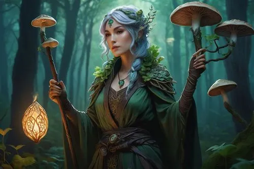 Spore-inspired Druid character, mature lady, gentle face, leafy green hair, vines wrapped around arms, earthy skin tone, detailed tattoos of forest creatures, worn leather gloves, wooden staff with gl