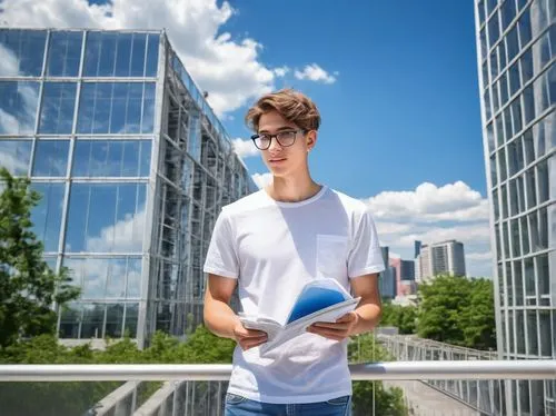 Summer intern, young adult, male, short hair, glasses, casual wear, white T-shirt, denim jeans, sneakers, holding blueprint, standing, modern architectural building, glass facade, steel structure, urb