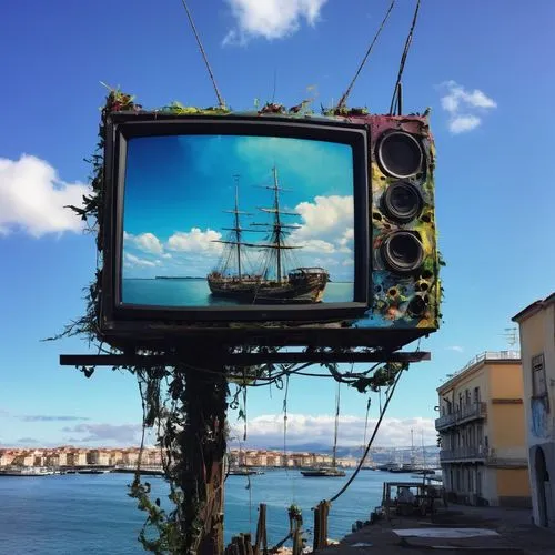 tokyo disneysea,analog television,full-rigged ship,port of call,waterglobe,popeye village,pirate ship,television,media player,lcd tv,harbor crane,paxina camera,diving bell,burano island,media harbour,sea fantasy,sea sailing ship,monkey island,the carnival of venice,ship travel,Conceptual Art,Graffiti Art,Graffiti Art 02