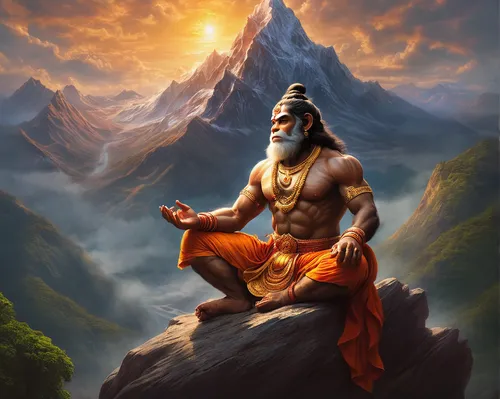 Compose a poem capturing the divine beauty of Hanuman Ji meditating on a mountain peak.,lord shiva,god shiva,hanuman,ramayan,sadhu,shiva,sadhus,guru,brahma,dharma,vishuddha,hindu,indian sadhu,indian m