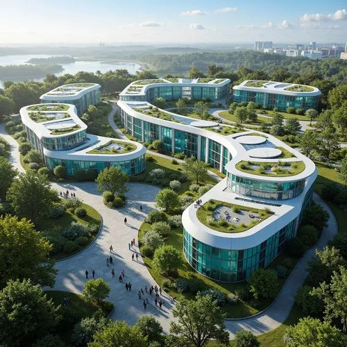 Eco-friendly energy plant, futuristic fusion architecture, sleek metallic structures, curved lines, sustainable materials, green roofs, solar panels, wind turbines, hydroelectric power generation, bio