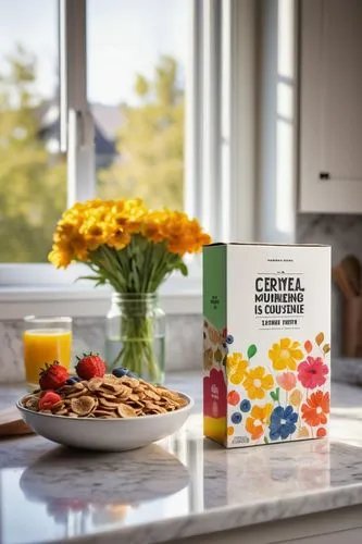 Cereal box, colorful template, square shape, glossy finish, bright morning light, 3/4 composition, slight reflection, shallow depth of field, warm atmosphere, American-style kitchen, wooden table, mar