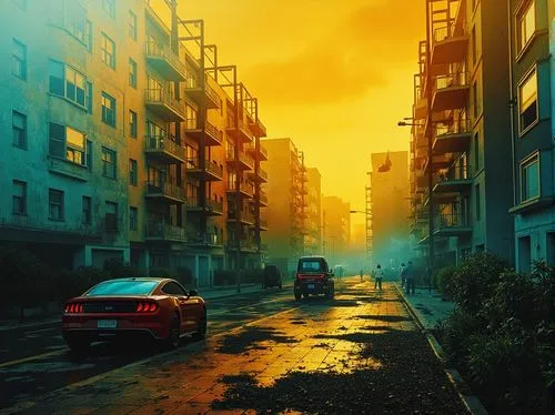 scampia,bladerunner,postapocalyptic,post apocalyptic,apocalyptic,apocalypse,post-apocalyptic landscape,smog,golden rain,city in flames,suburb,urban,atmospheres,world digital painting,kurilsk,deluge,kamurocho,dystopian,cyberpunk,slum