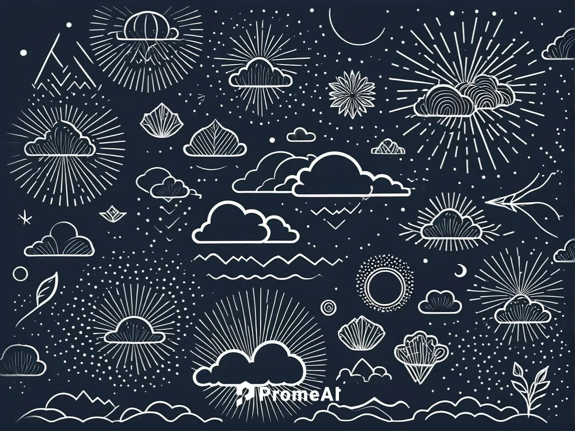 weather clouds, stars and a sun in the sky,fireworks background,background vector,fireworks art,cloud play,umbrella pattern,jellyfish collage,Illustration,Black and White,Black and White 04