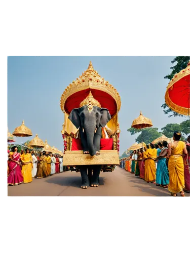 Karnataka Rajyotsava, Indian festival, colorful decorations, grand procession, elephant carriage, golden throne, royal umbrella, vibrant clothes, traditional jewelry, happy crowd, joyful atmosphere, b