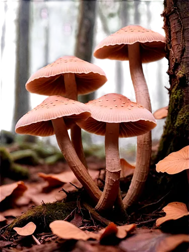 Thai elephant ear mushrooms, brown cap, white stem, wrinkled surface, earthy smell, forest floor, misty atmosphere, soft focus, shallow depth of field, warm lighting, 3/4 composition, cinematic tone, 