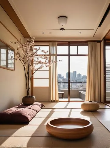 Modern Japanese living room, minimalist decor, low seating, Tatami mats, Shoji screens, paper lanterns, wooden accents, sliding doors, natural light pouring in, subtle shadows, warm beige walls, tradi