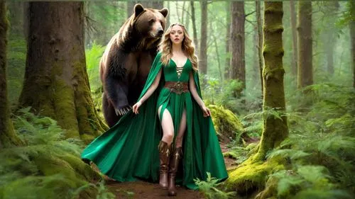 A beautiful fantasy forest,a woman in green dress standing next to a bear in a forest,fantasy picture,celtic woman,druid,aaaa,elven forest,tuatha