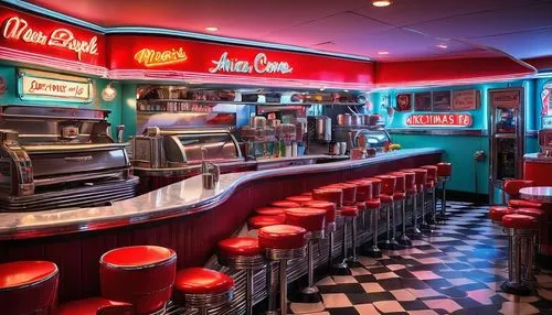 Retro diner, 50s style, vibrant colors, neon signs, stainless steel exterior, large windows, curved roofline, cozy interior, warm lighting, wooden booths, red leather seats, chrome edgings, checkered 